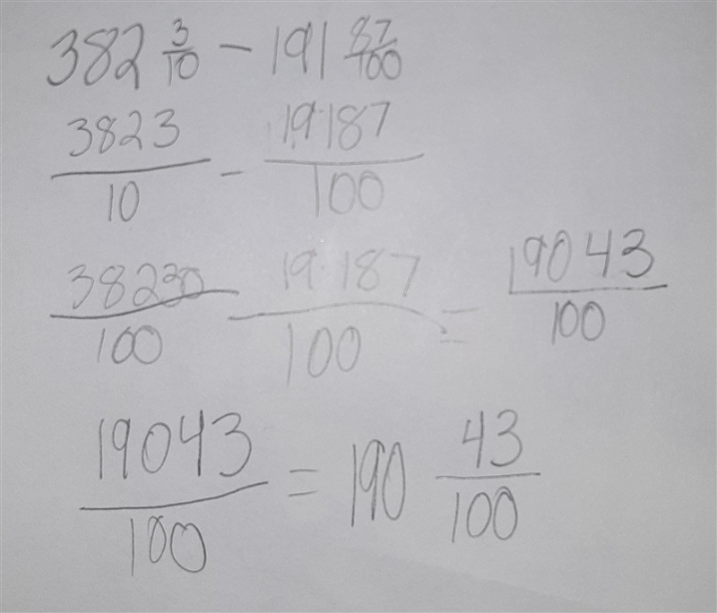 What is 382 3/10 minus 191 87/100-example-1