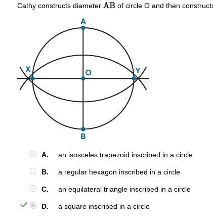 Cathy constructs diameter of circle O and then constructs the perpendicular bisector-example-1