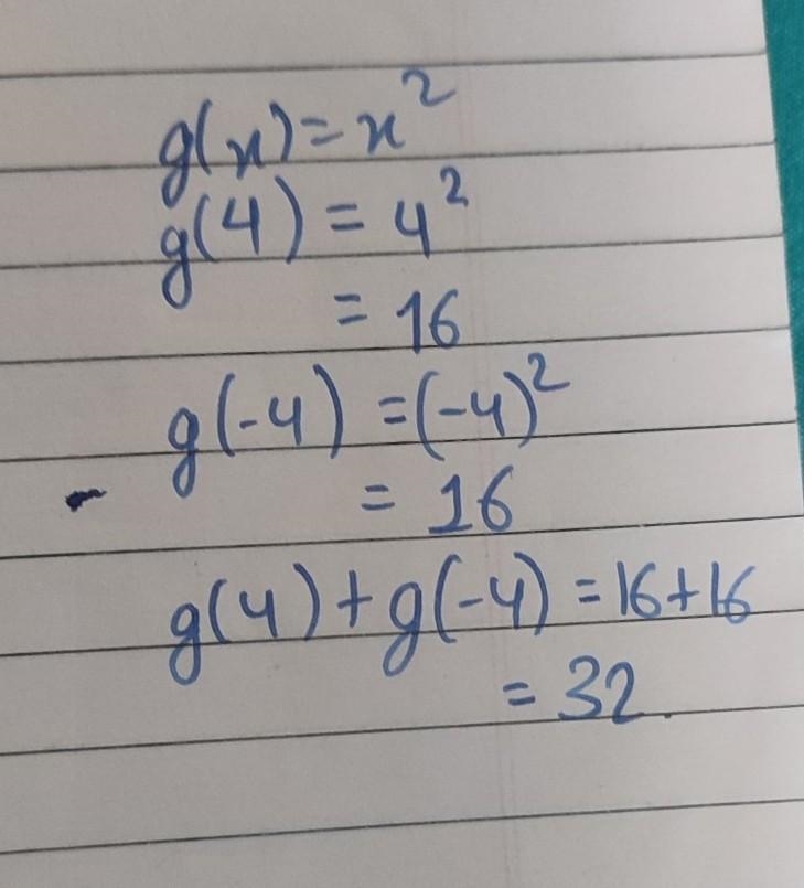 IF G=(x)=x^2 find the value of g(4) + g(- 4) THIS question is from the function chapter-example-1