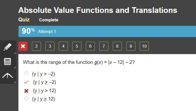 What is the range of the function g(x) = |x – 12| – 2? y  y  y   y > 12-example-1