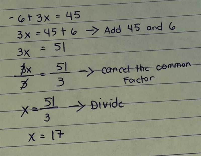 -6 + 3x = 45 please help-example-1