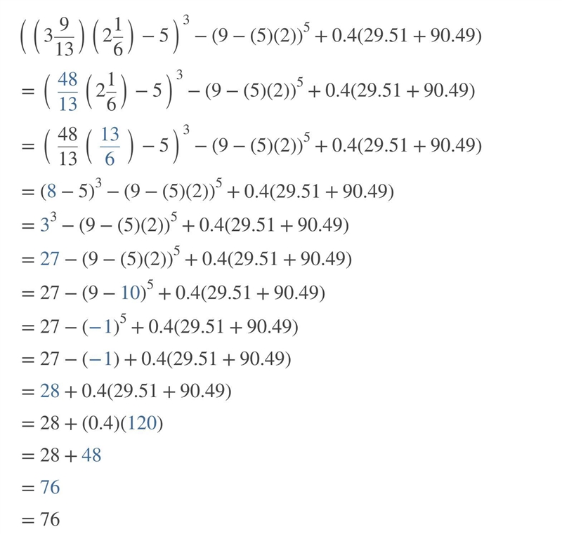 (3 9/13 * 2 1/6 -5)^3-(9-5*2)^5+0.4(29.51+90.49)-example-1