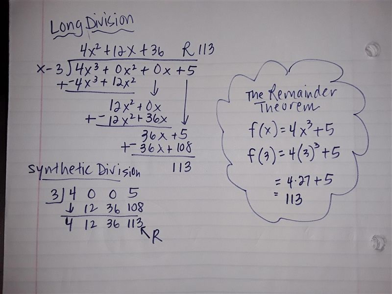 If f(x)=4x^3+5, then what is the remainder when f(x) is divided by x−3? Using Remainder-example-1