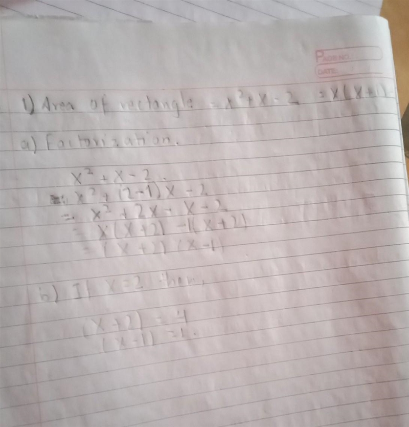 1. The area of a rectangular carpet is X² + X - 2. HINT: Area = length X breadth a-example-1