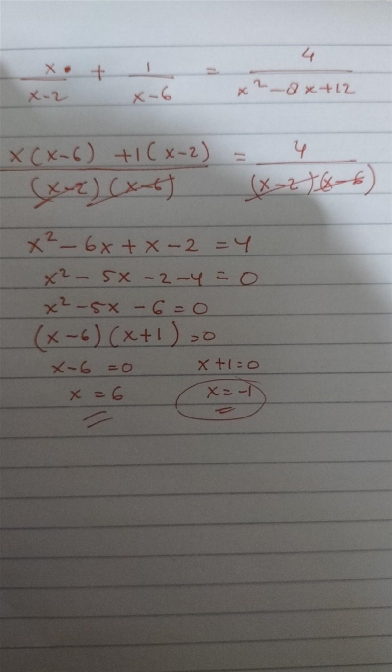 Solve the equation. x/x−2 + 1/x−6 =4/x^2−8x+12 Drag the choice or choices into the-example-1