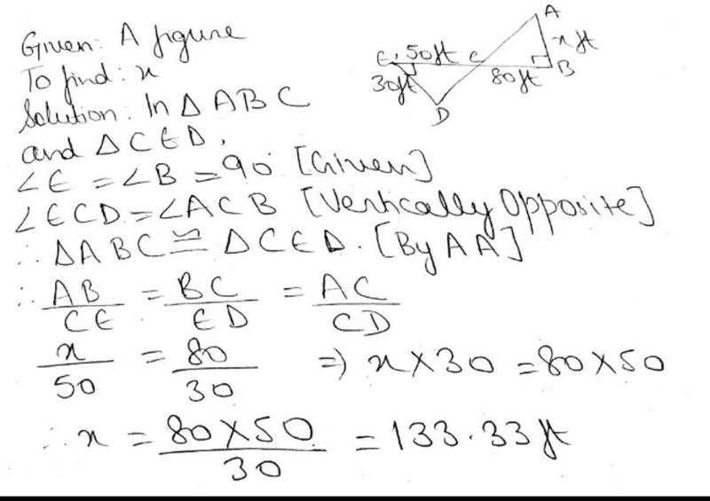 Solve for x, the distance across the river. Explain how you know the triangles are-example-1