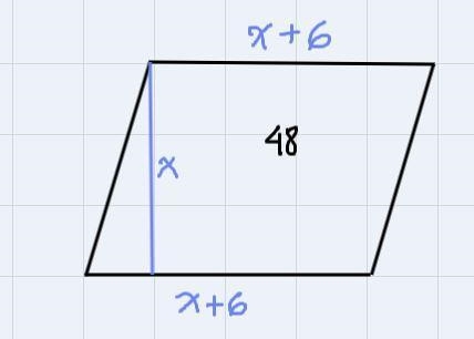 Find value of x value of parallelogram: 48height: xbase: x+6-example-2