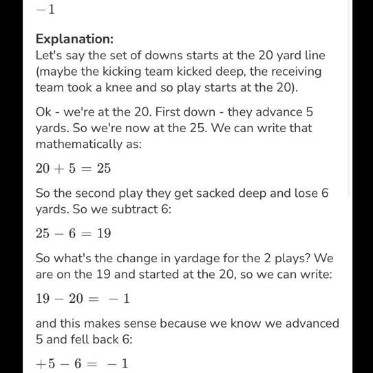 On the next play, the team gained 5 yards and then lost 6 yards. what is the total-example-1