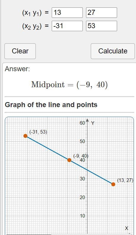 Solve for the coordinates of the midpoint of (13, 27) and (-31, 53). Show your work-example-1