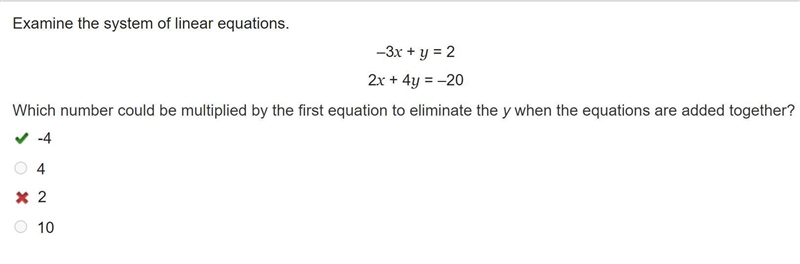 Examine the system of linear equations. –3x y = 2 2x 4y = –20 Which number could be-example-1