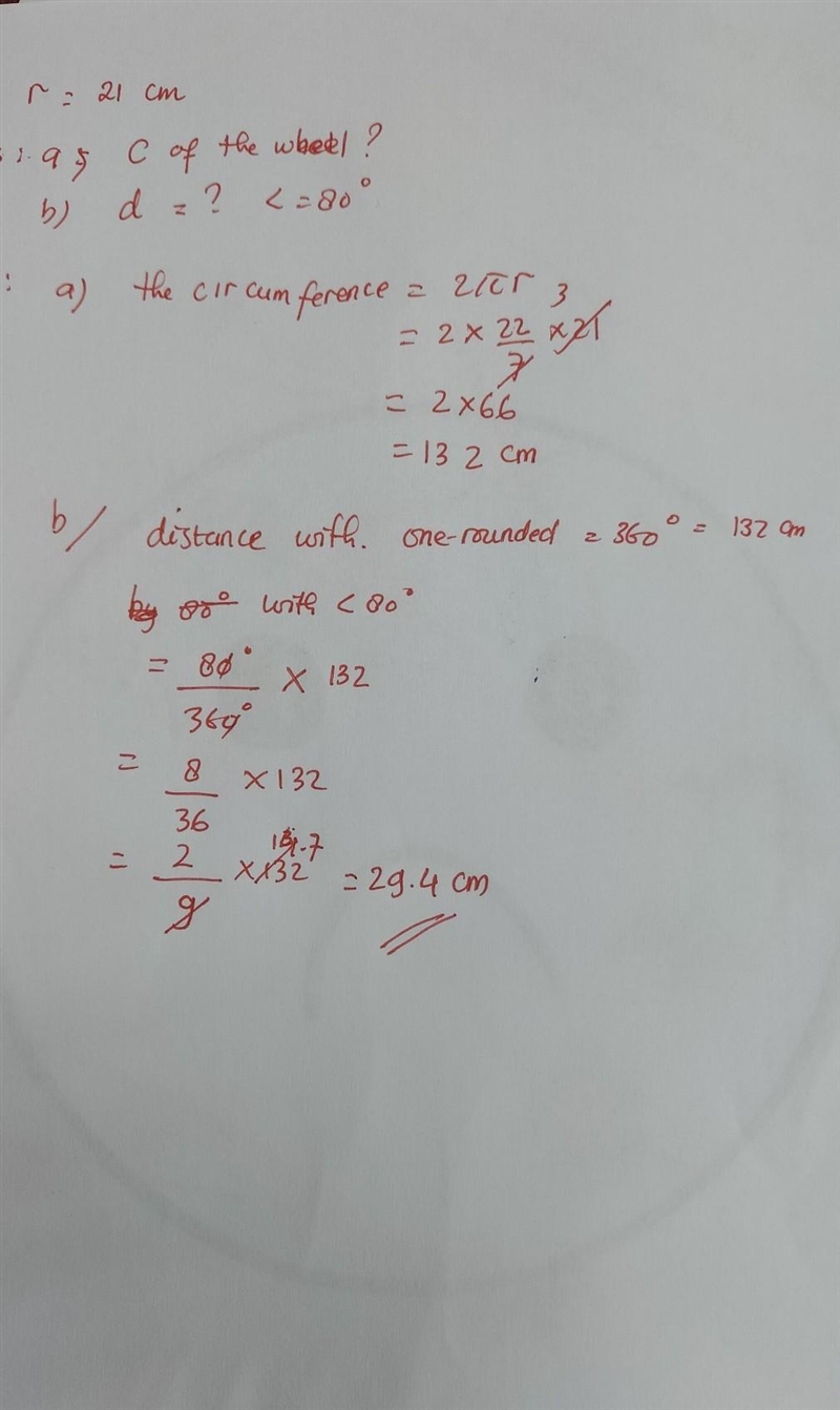 The radius of a wheel is 21 cm. Calculate: (a) the circumference of the wheel. (b-example-1