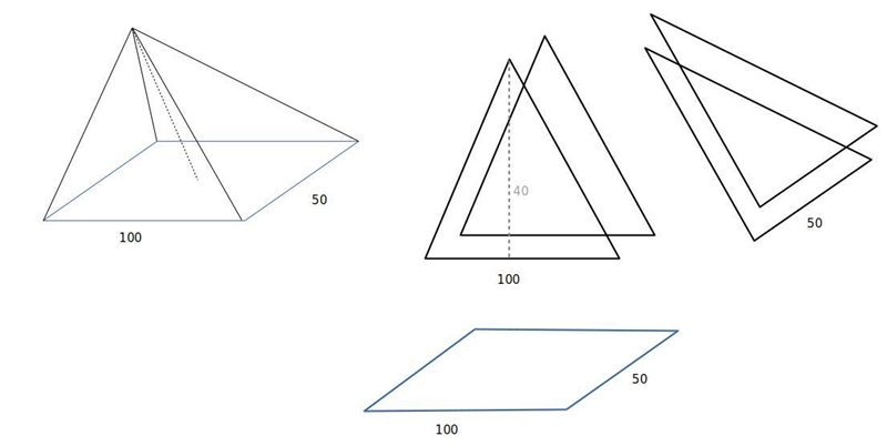 A wooden building has the shape of a rectangular pyramid. The buildings base is 100 meters-example-1