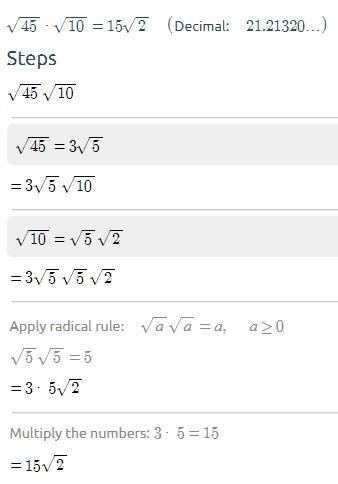 Sqrt{ 45 Multiplyed bysqrt 10-example-1