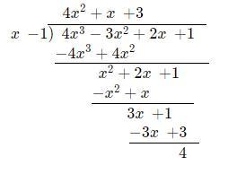 Divide:4x3 3x² + 2x + 11x-1[ ? ]x² + [ ]x +[] +x-1-example-4