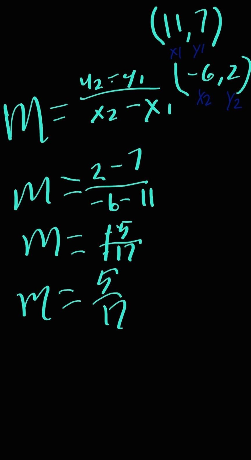 Find the slope of the line that passes through the pair of points. (11, 7), (−6, 2)-example-1