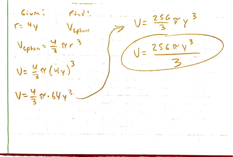 The radius of a sphere is 4y. Determine its volume, giving the answer as an exact-example-1