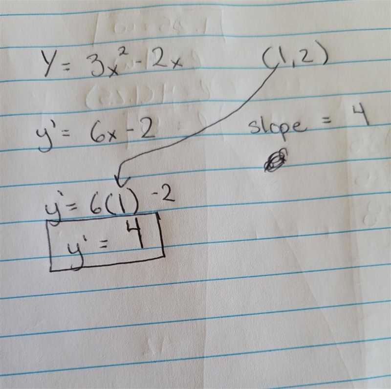 Find the slope of the tangent line to the curve y = 3x2 - 2x at the point (1,2) Studying-example-1