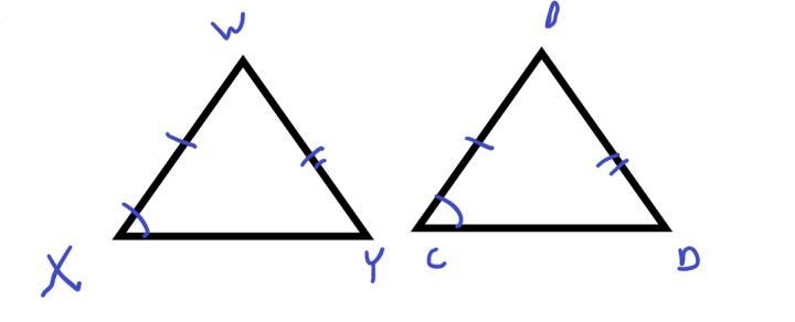 Consider ΔWXY and ΔBCD with ∠X ≅∠C, WX ≅ BC, and WY ≅ BD. Can it be concluded that-example-1