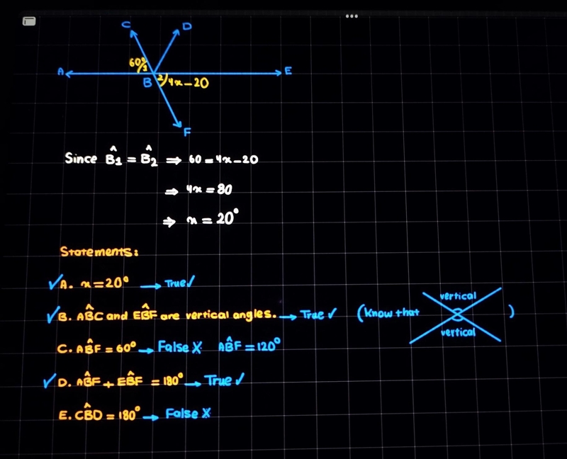 Which three statements are correct for the angles shown on the figure? A) x = 20 degrees-example-1