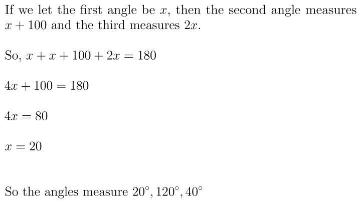 The second angle of a triangle is 100 more than the first angle. The third angle is-example-1