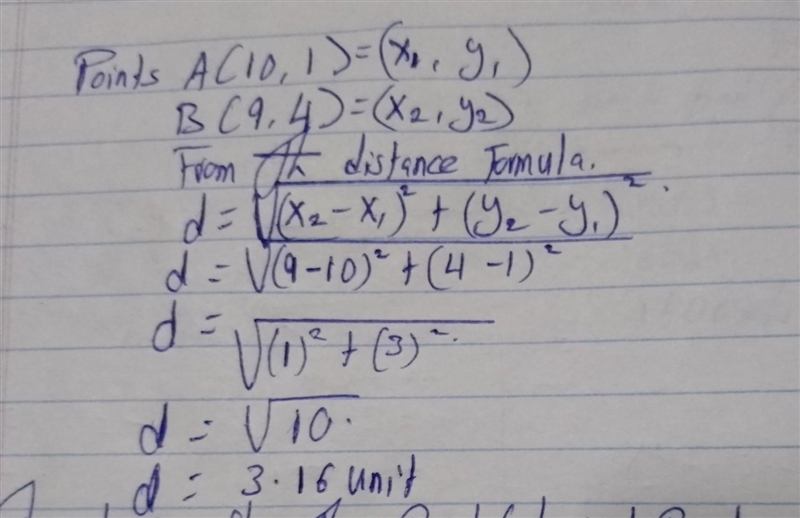 Find the distance between the points (10, 1) and (9, -4) using the distance formula-example-1