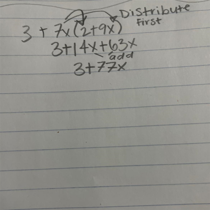 What is 3 +7x(2+9x) simplify as a expression-example-1