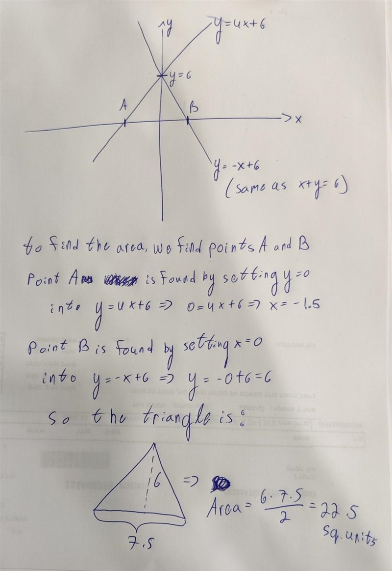 The lines y=4x+6 and x+y=6 enclose a triangle. Find the area of the triangle.-example-1