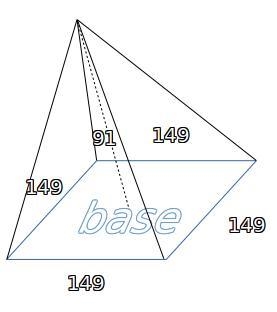 A stone pyramid in Egypt has a square base that measures 149 m on each side. The height-example-1