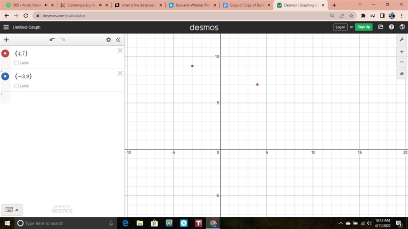 What is the distance between (4,7) and (-3,9)-example-1