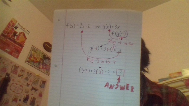 = Given that f(x) = 2x – 2 and g(x) = 3x, evaluate , f(g(-1))-example-1