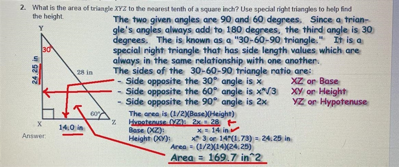 What is the area of triangle XYZ to the nearest tenth of a square inch? Use special-example-1