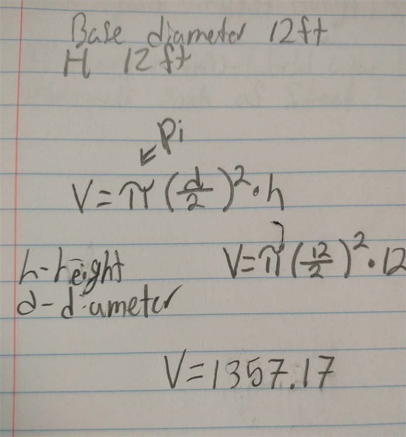 A cylinder has a base diameter of 12ft and a height of 12ft. What is its volume in-example-1