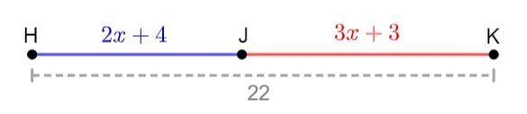 Suppose to that J is between H and K. If HJ = 2x + 4, JK = 3x + 3, and KH = 22, find-example-1