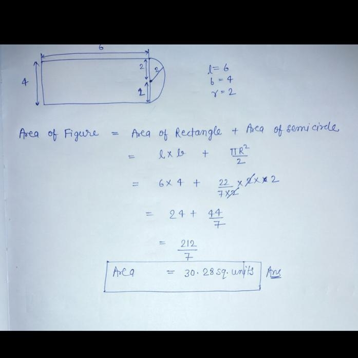 Find the Area of the figure below, composed of a rectangle and a semicircle. The radius-example-1