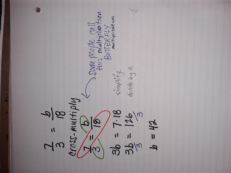 Solve the proportion 7/3 = b/18-example-1