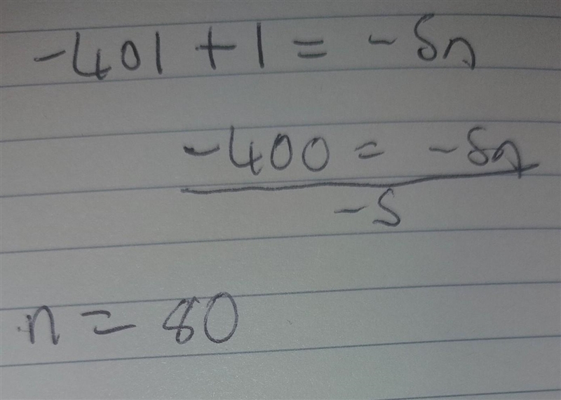 Consider the number pattern -6, -11, -16, -21..... Which term of the pattern =-401?​-example-2