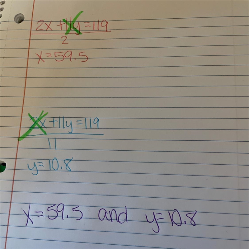 Given that 2x+11y=119, work out the value of x and y. PLEASE HELP if possible add-example-1