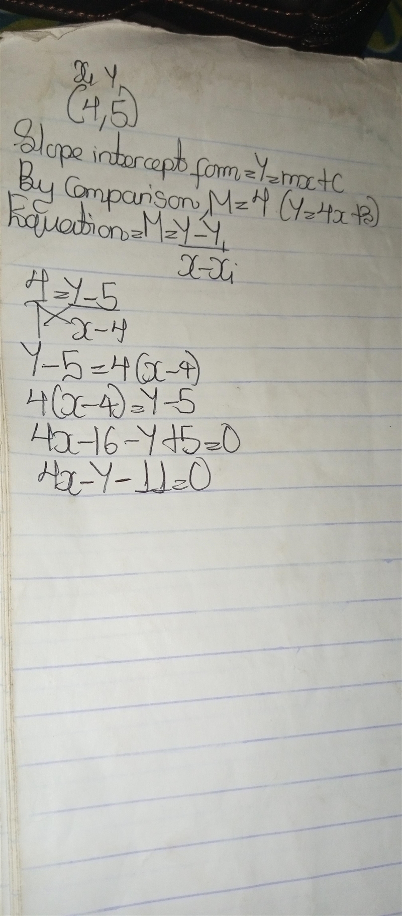 Find the equation of the line which is parallel to y = 4x + 3 and goes through the-example-1