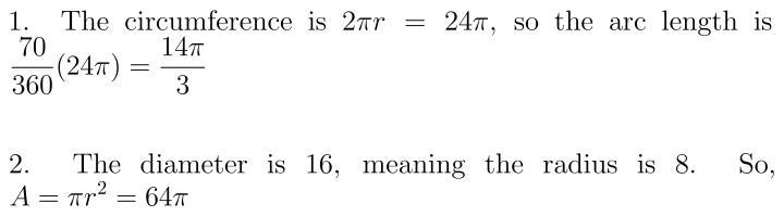 1. Find the length of the arc shown in red: 2. Find the area of the circle:-example-1