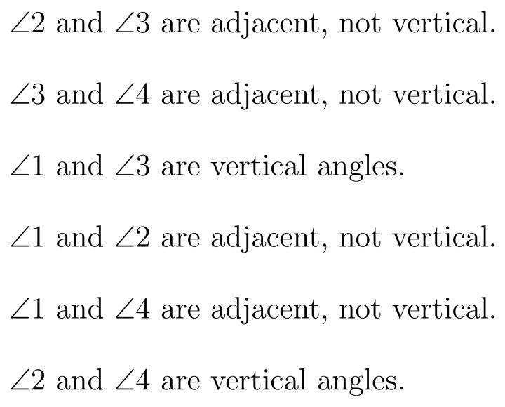 Select all pairs of vertical angles. Angles 1 and 3, Angles 3 and 4, Angles 2 and-example-1