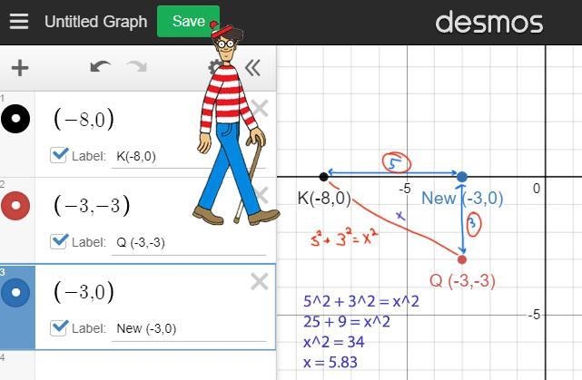 Calculate the distance between the points K= (-8, 0) and Q= (-3, -3) in the coordinate-example-1