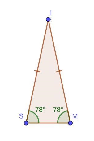 In ΔSIM, if IS=IM and ∠S = 78°, what is the exact measure of ∠M? A. 180° B. 24° C-example-1