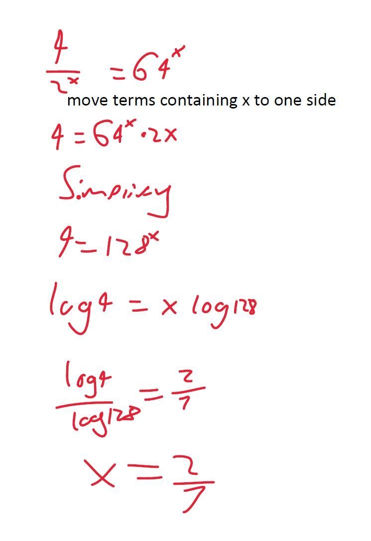 Please solve the following exponential equation \frac{4}{2 {}^(x ) } = 64 {}^(x) ​-example-1