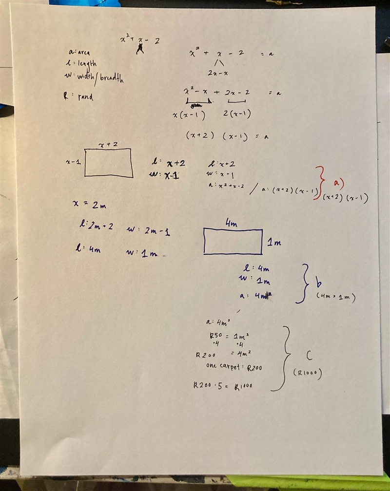 1. The area of a rectangular carpet is X² + X - 2. HINT: Area = length X breadth a-example-1