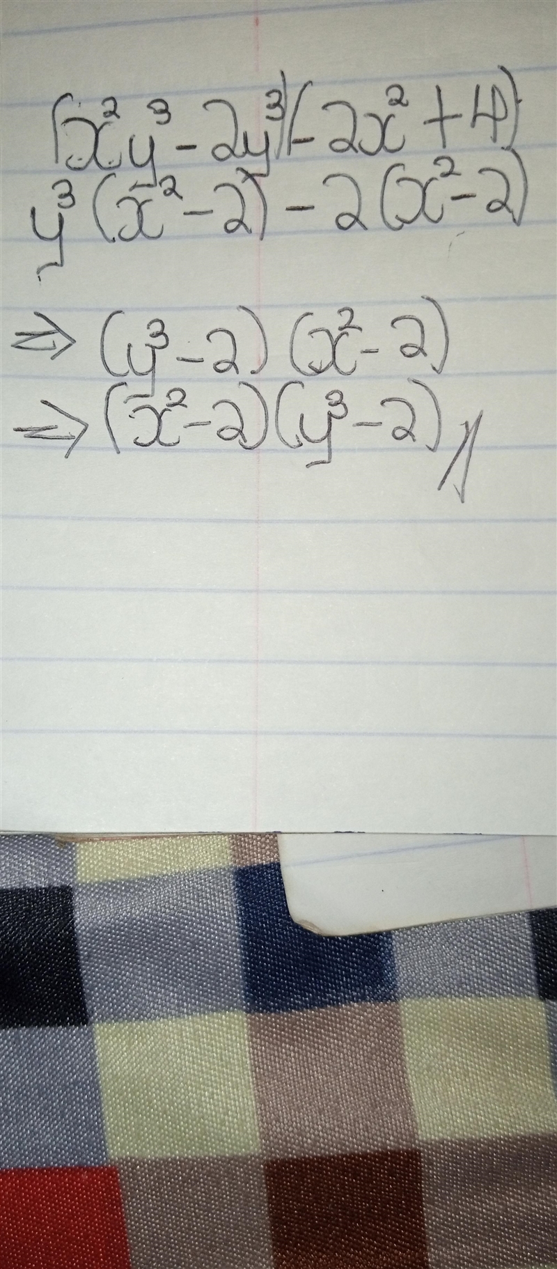 What is the factored form of x²y³ - 2y³ - 2x² + 4? y³ (x² − 2) +2 (-x² + 2)-example-1