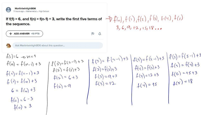 If f(1) = 6, and f(n) = f(n-1) + 3, write the first five terms of the sequence.-example-1