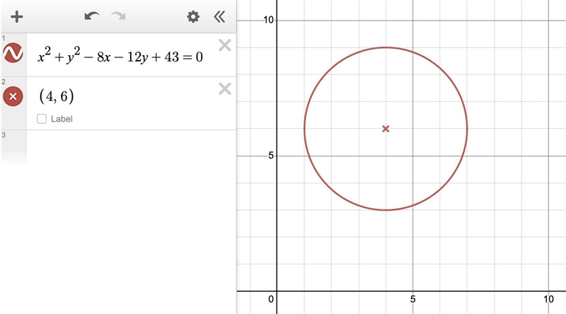 Find the center and radius of the circle: x2 + y2 - 8x – 12y + 43 = 0-example-1