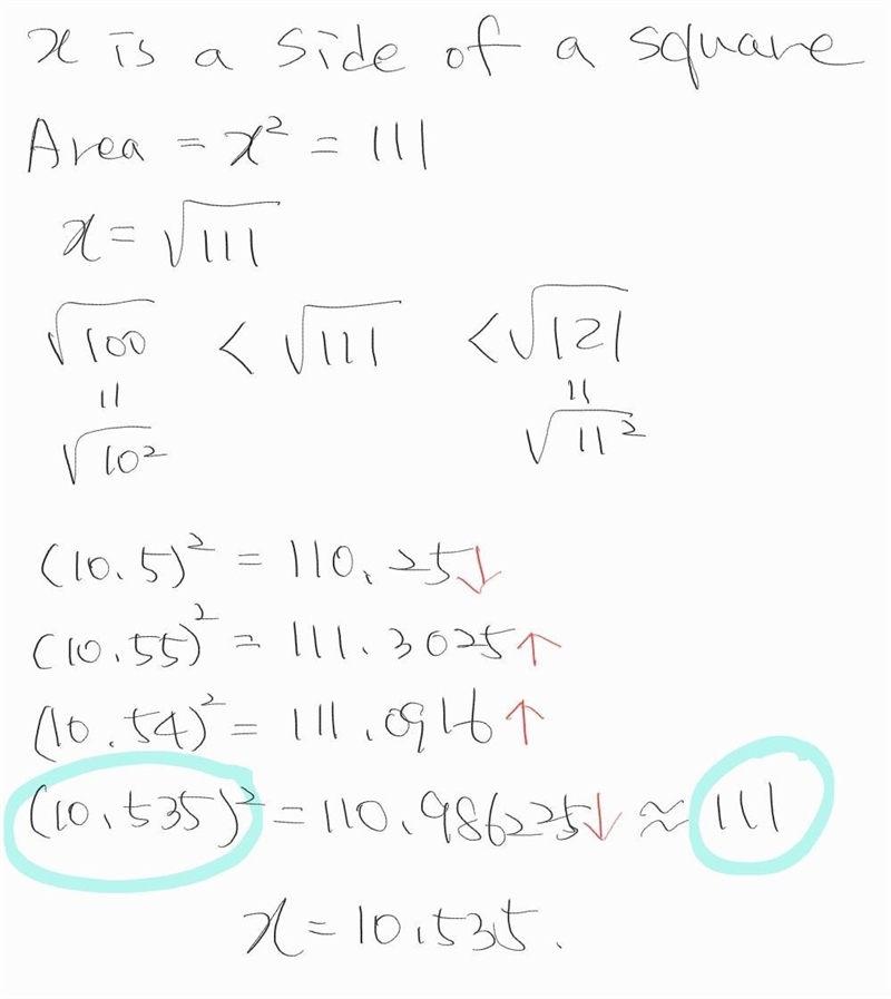 Find the approximate side length of a square game board with an area of 111 in square-example-1