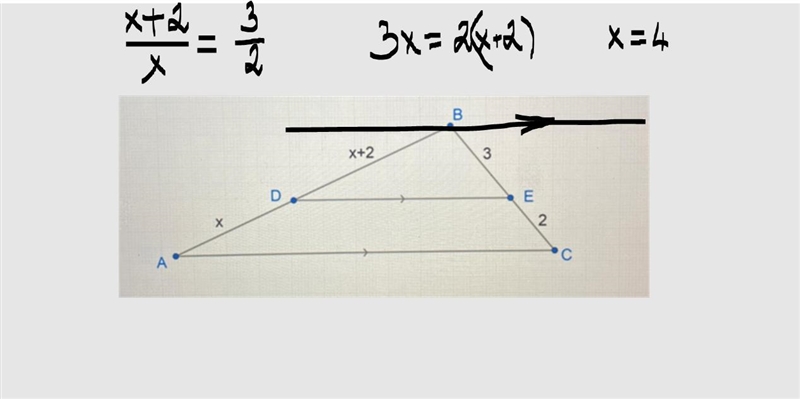 A X Find the value of x. B X+2 D x = [?] 3 E 2 C-example-1