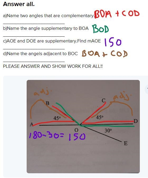 Answer all. a)Name two angles that are complementary. _______________________ b)Name-example-1